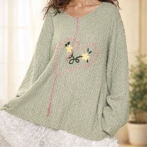 POL sage green textured pullover with pink heart embroidery